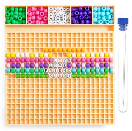 BOBASH Pony Beads Fast Stringing Tray, 22x22cm 3D Printed PLA Kandi Bead Bracelet Making Board with 2 Beading Needles & Storage Tube, Grid Layout Design Pouch for 6x9mm Pony & 6x6mm Letter Beads
