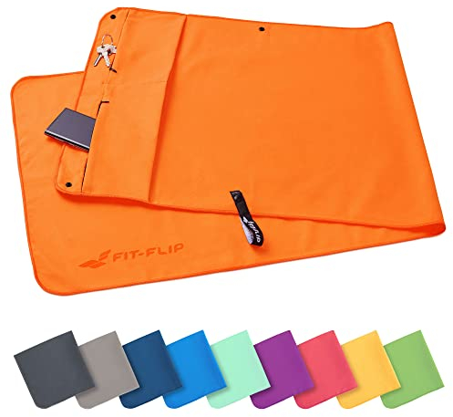 Fit-Flip Fitness Handtuch aus Mikrofaser - mit Magnet und Reißverschluss Tasche - Fitnesshandtuch für Sport und Gym - Kompakt & Schnelltrocknend - Sporthandtuch Fitnessstudio - Orange - 130x48cm