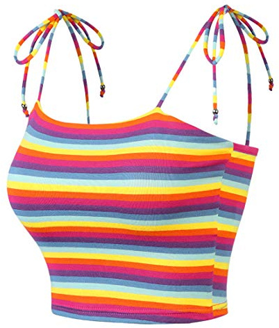 Allegra K Women Rainbow Striped Tie Spaghetti Straps Summer Cami Tops | Stretchy soft jersey. Colorful print. Sleeveless cropped short style.
