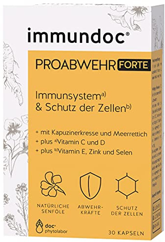 immundoc PROABWEHR FORTE Immunsystem Kapseln, 30 Stück, Nahrungsergänzungsmittel mit Vitamin C, Vitamin D, Vitamin E, Zink, Selen, Kapuzinerkresse und Meerrettich