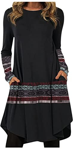 Vestido De Noche para Mujer Manga Larga Cuello Redondo Vintage Estampados Bohemio Estilo Etnica Elegantes Casual Otoño Invierno Vestidos Largo Vestidos Playa Vestidos Camiseros(C Negro,3XL)