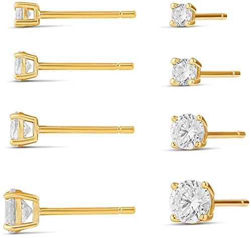 Amazon Essentials 14K Gold Plated Sterling Silver Round CZ Stud Set 2.5 mm/3 mm/4 mm/5 mm, Yellow 14K Gold