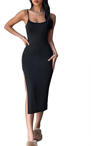 GORGLITTER Women's High Split Sexy Bodycon Pencil Midi Dress Scoop Neck Sleeveless Long Cami Dresses Black M