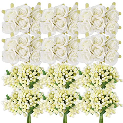 BETESSIN 204Pcs Künstliche Rosen Blumen Klein Kunstblumen mit Falsche Rosenknospe Kunstrosen zum Basteln mit Stiel Weiß Kunstblumen Klein Stoff Dekoblumen Hochzeit Party Blumenstrauß