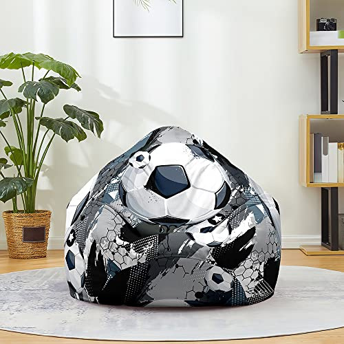 FANSU Bean Bag Cover Without Filling, Gaming Bean Bag Chair for Adult Kids, Highback Beanbag Seat, Stuffed Toy Clothes Storage 3D Football Print Lazy Sofa (90x110cm,Grey background football)