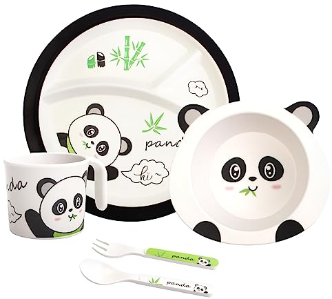 Kindergeschirr Set, 5er Geschirr Set für Kleinkinder, Baby Fütterung Set umfasst Kinderteller, Schüssel, Becher, Löffel, Gabel, Melamin Geschirr Spülmaschinenfest, BPA frei (Panda)