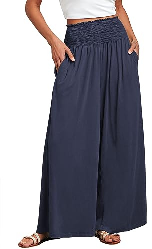 ANRABESS Women Palazzo Pants Summer Boho Bagyy Wide Leg High Smocked Waist Casual Loose Lounge Pant with Pocket Deep Blue Medium