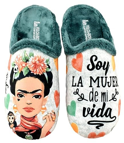 VULCA-BICHA S.L. - Zapatillas de casa con Mensaje, Plantilla extraíble y Forro Muy cálido 083786 Sintético Mujer Color: Perla/Verde Talla: 36