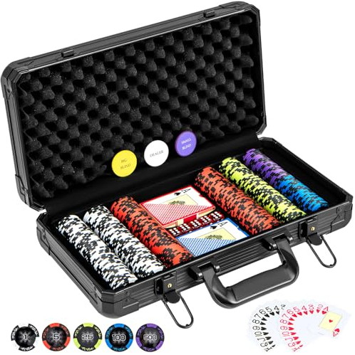 DREAMADE Aluminium Pokerkoffer mit 300 nummerierten Laser Poker Chips/ 2 Pokerkarten Set/ 5 Würfel/ 3 Dealer-Buttons, Pokerspiel, Poker Komplett Set Pokerset Profi Texas Hold'em (300 Chips)