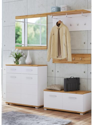 Lomadox Garderoben-Set 5-teilig mit Spiegel und Schuhbank in weiß mit Eiche | Flurgarderobe im modernen Stil