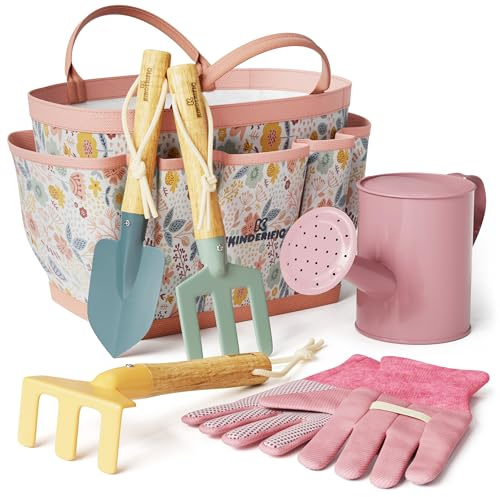 Gardening Set, Tool Kit, for Kids, STEM, Includes Tote Bag, Spade, Watering Can, Rake, Fork, Trowel and Gloves (Petal)