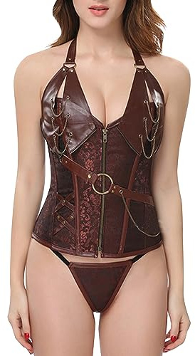 Corset pour femme, en cuir verni, bustier, corset élégant, victorien, steampunk, marron, S