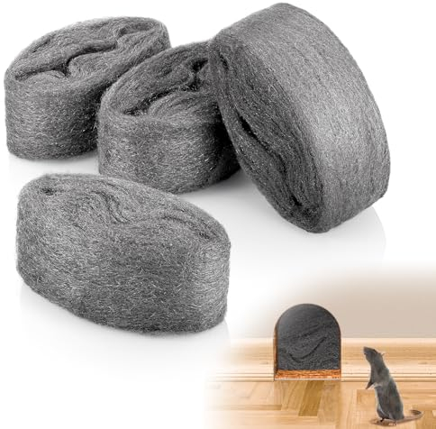 JIZZU 4Pcs Steel Wool Mice Blocker, 14 Meter Wire Wool Mice 000 Coarse Wire Wools Rats, Wall Hole Fill Fabric DIY Kit for Cleaning & Closing, Metal Fine Steel Wools Rodent Control