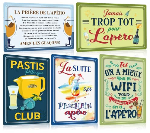LOT DE 5 - Bar Plaque Metal Vintage avec Humour Citation Français - L'Apero Panneau Pancarte Deco Murale Accessoires 20x30cm