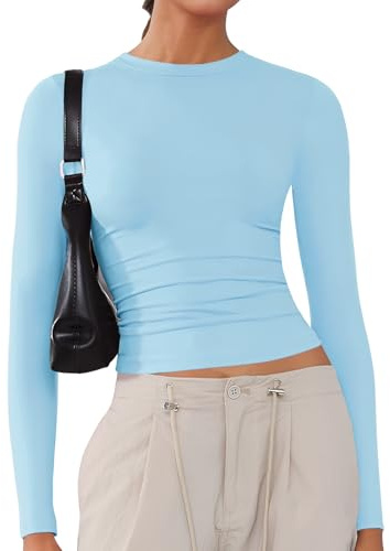 Camisetas básicas con manga larga y cuello redondo para mujer, elásticas, de estilo Y2K, ajustadas, para salir, blusas cortas, Azul bebé, M