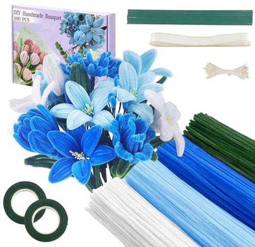 400pcs Pipe Cleaners for Craft, Pipe Cleaners for Tulip Bouquet， Fuzzy Sticks Craft Supplies for Flower DIY Craft Kit Gift，Chenille Stems DIY Arts & Crafts with Tutorial (Blue)