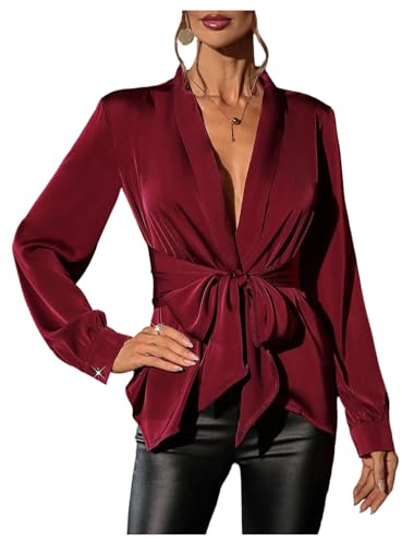 SweatyRocks Women's Deep V Neck Satin Blouses Long Sleeve Tie Waist Asymmetrical Wrap Shirt Tops Burgundy Medium