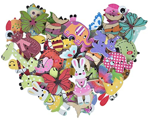 50 Piezas Botones de Animales de Madera, Variedad de Estilos de Animales Colores Pintados Botones de Costura de 2 Agujeros, Botón Mixtos Multicolor para Manualidades Decoración Accesorios de Ropa
