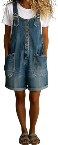 Salopette En Jean Pour Femme - Sans Manches Coupe Ample Vintage En Denim De Lavé Combinaisons à Jambes Larges Conception De Boutons Et Bretelles Réglables Avec Poches Décontracté Short