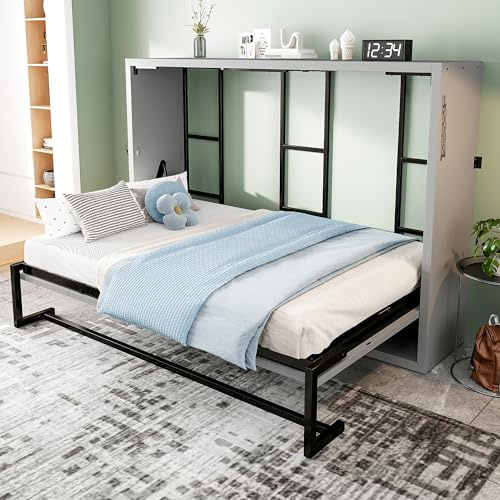 Soweiz cama Murphy, cama abatible de pared, cama plegable 90 x 200 cm, combinación de marco de metal y tablero de madera, con fijación a la pared con bloqueo, robusta y silenciosa, cama multifuncional