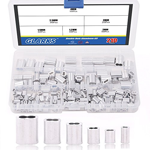 Glarks 210Pcs 6 Size Aluminum Double Barrel Ferrule Crimping Loop Sleeve for Wire Rope and Cable Line End Assortment Kit