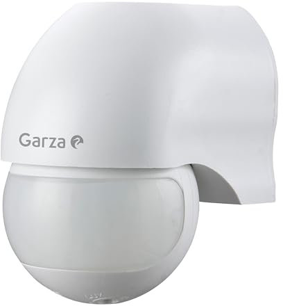Garza - Detector de movimiento por infrarrojos para interior y exterior, protección IP44, tiempo y luminosidad regulables, ángulo detección 180º, blanco