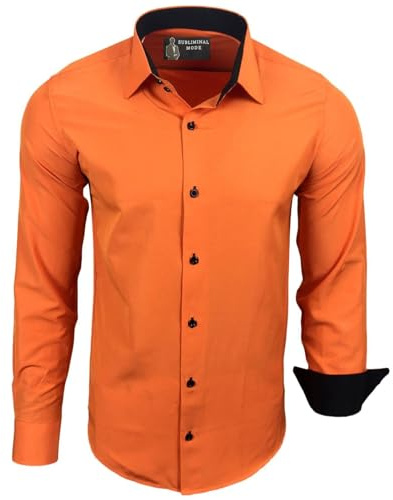 Subliminal Mode - Repassage Facile Chemise Homme Col Bicolore Uni Manches Longues Coupe Slim Business Idée Cadeau, Noël, Saint Valentin RN44,XL,Orange