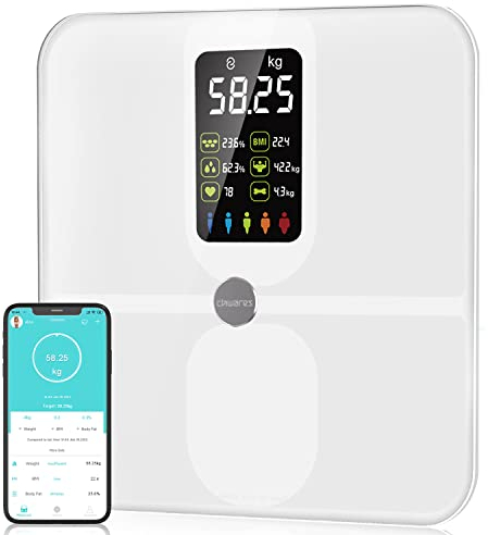 CHWARES Körperfettwaage Waage Personen, Waage mit Körperfett und Muskelmasse, Personenwaage Digital mit Körperfettanalyse, Großes Display Körperwaage mit 15 Körpermaße, Max 400lb, Weiß