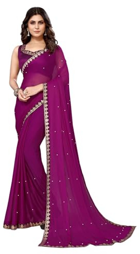IMTRA FASHION Sari para mujer de georgette de seda con bordado. Sari y blusa no cosida, morado, L