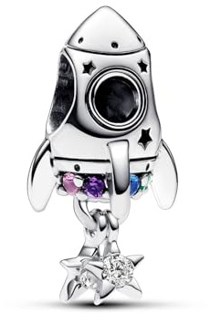 Pandora Moments Colgante de plata de ley con diseño de cohete con cristal rosa phlox, morado real, azul estelar y verde real y circonita cúbica transparente