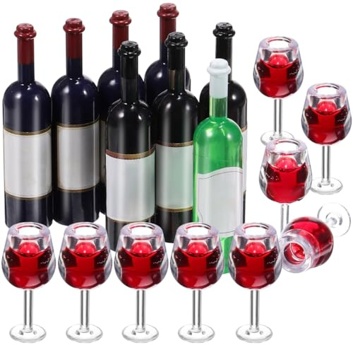 TEHAUX Miniature Wine Glasses Set for Doll House 18Pcs Including 10 Mini Wine Glasses and 8 Mini Bottles 1 12 Scale Dollhouse Accessories for Home Decor Diy Crafting and Party Scenes