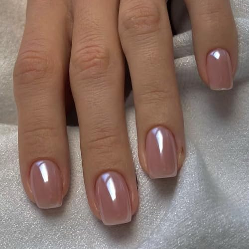 JUSTOTRY 24 Stück Chrome Eckig Nägel Zum Aufkleben Kurz,Mirror Pink Einfarbig Press on Nails,Glossy Kunstnägel Fake Nails,French Square Fingernägel Künstliche Nägel Mittel für Frauen