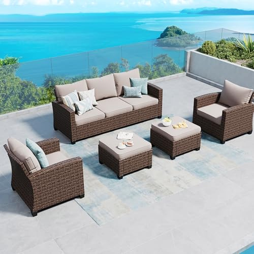 SUNSHINE VALLEY Patio Furniture Set Outdoor Furniture Brown Wicker Rattan Patio Conversation Sets with Cushion Outside Sofa Set,5 Pieces 7 Seats,Beige