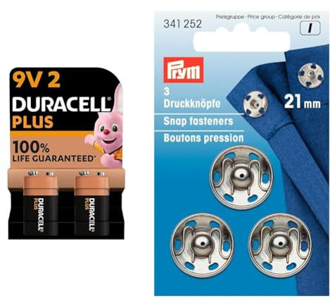 Duracell Plus 9V Batteries (Pack of 2) - Alkaline - 100% Life Guaranteed & Prym Sew-On Snap Fasteners Brass Silver col 21 mm, 0.2 x 0.2 x 0.3 cm