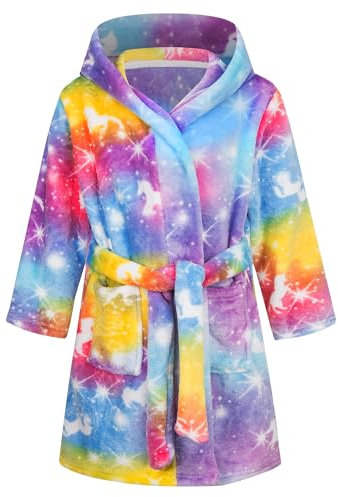 FILOWA Peignoir de Bain Enfant à Capuche Chaud Polaire Robe de Chambre, Flanelle Coton Animaux Robes Rose Violet Coloré Licorne Impression Doux Pyjamas Vêtements de Nuit pour Fille 6-7 Ans