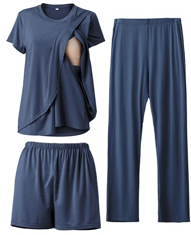 SUNNYBUY Conjunto de pijama de lactancia de 3 piezas para embarazo y | Lactancia discreta, camiseta de lactancia, pantalones cortos y pantalones, cintura ajustable, suave y transpirable
