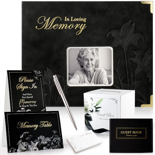 molekaus Embossed Funeral Guest Book for Memorial Service, Celebration of Life Guest Book Set for Funeral Sign in with 8.5X10.7in,50 Memory Cards,2 Table Signs, a Card Box, and a Silver Pen