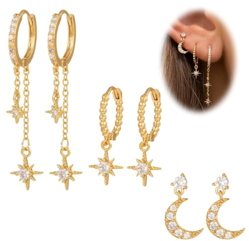 IKOPFLN 3 Paires de Boucles d'oreilles Créoles Plaquées or 18 Carats - Motif lune et étoiles - Zircon Cubique - Avec Pendentif Minimaliste,Or