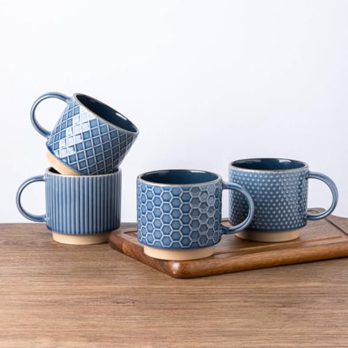 GBHOME Juego de 4 tazas de café apilables de cerámica de 350 ml, tazas modernas con textura para té, café con leche, capuchino, aptas para lavavajillas y microondas, regalo para hombres y mujeres
