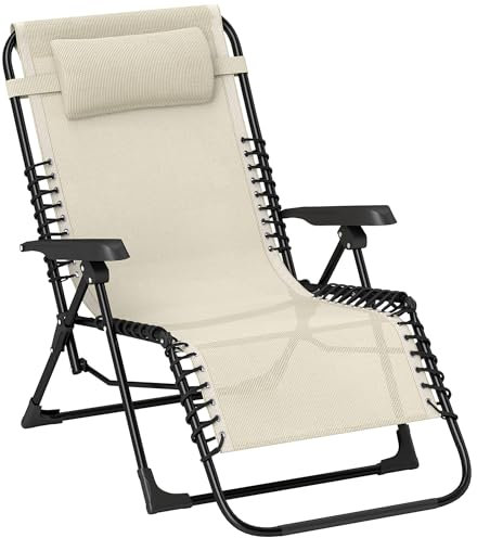 Outsunny Sonnenliege klappbar Gartenliege mit Kopfkissen, Liegestuhl mit 5-Fach verstellbare Rückenlehne, wetterfeste Campingliege, Gartenstuhl bis 120 kg belastbar, für Garten Outdoor Strand, Beige