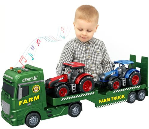 lonfypeng 3-in-1 Farm Truck Toys for Kids Ages 3-6 – 25.6 Inch Extra-Large Inertia Semi Trailer with Lights & Sounds, Detachable Tractor and Light & Sound Farm Vehicle