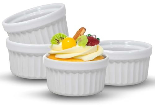 UNIQUE HOME LIVING Ramekins Set of 4, 7oz Ceramic Soufflé Dishes for Creme Brulee, Muffin, Pudding, Baking Dishes for Air Fryer & Oven, Mini Bowl for Dips, Sauces, Snacks and Fruits - White