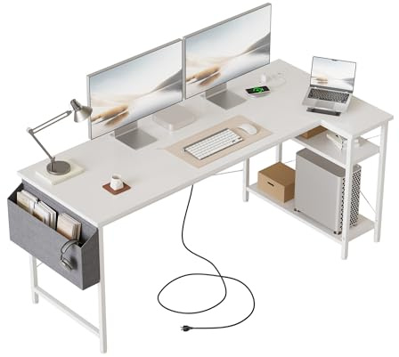 Mericonia Reversible Corner Desk, w. Power Outlets, 140x70cm, White | Reversible Design, L-shaped desk with Bag, Height-adjustable Shelf, Gaming computer desk for home & office