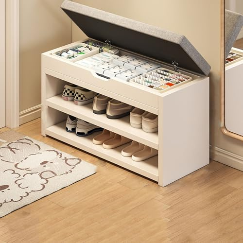 LIUWOPA Étagère à Chaussures en Bois à 2 Niveaux, Petit Banc à Chaussures avec Rangement à Plateau relevable, Tabouret à Langer pour entrée, Couloir, Salon, 60 cm