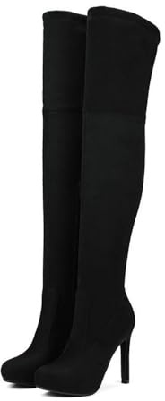 Stivali da donna in velluto sopra il ginocchio tacco a spillo piattaforma punta rotonda Pull On Stretch coscia alta inverno pompe scarpe, Nero , 39.5 EU