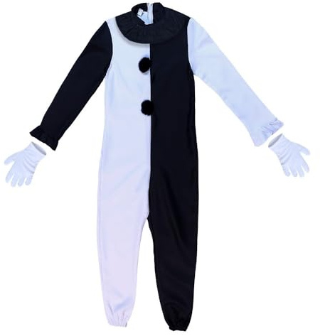 YUPDFGB Halloween Disfraz Terror Payaso Asesino Niño Infantil 3-12 años,120 Unisex con Mono Negro Blanco y Cuello con volantes, guantes de Payaso Terrifier para Halloween Carnaval