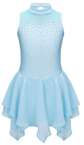 MSemis Vestido de Patinaje Artístico para Niña Vestido Danza Lírica Moderno | Leotardo Gimnasia Maillot con Falda Gasa Ballet y Pedrería sin Manga Vestido de Baile Contemporáneo