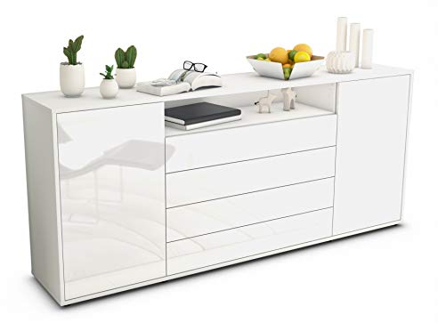 Stil.Zeit Sideboard Enzo, Korpus Weiss matt, Front Hochglanz Weiß (180x79x35cm) Push-to-Open Technik & Leichtlaufschienen
