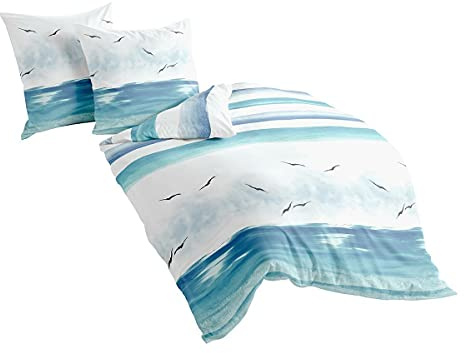 Traumschlaf Biber Bettwäsche flauschig-weich-kuschelig im Maritimen Look mit Reißverschluss 155x220 cm + 80x80 cm