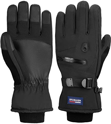 BRUBAKER Skihandschuhe Wasserdicht und Winddicht mit Reißverschluss Tasche - Winterhandschuhe für Herren und Damen - Extra Warme Snowboardhandschuhe - Thermo Handschuhe für Ski - Schwarz Größe L/XL